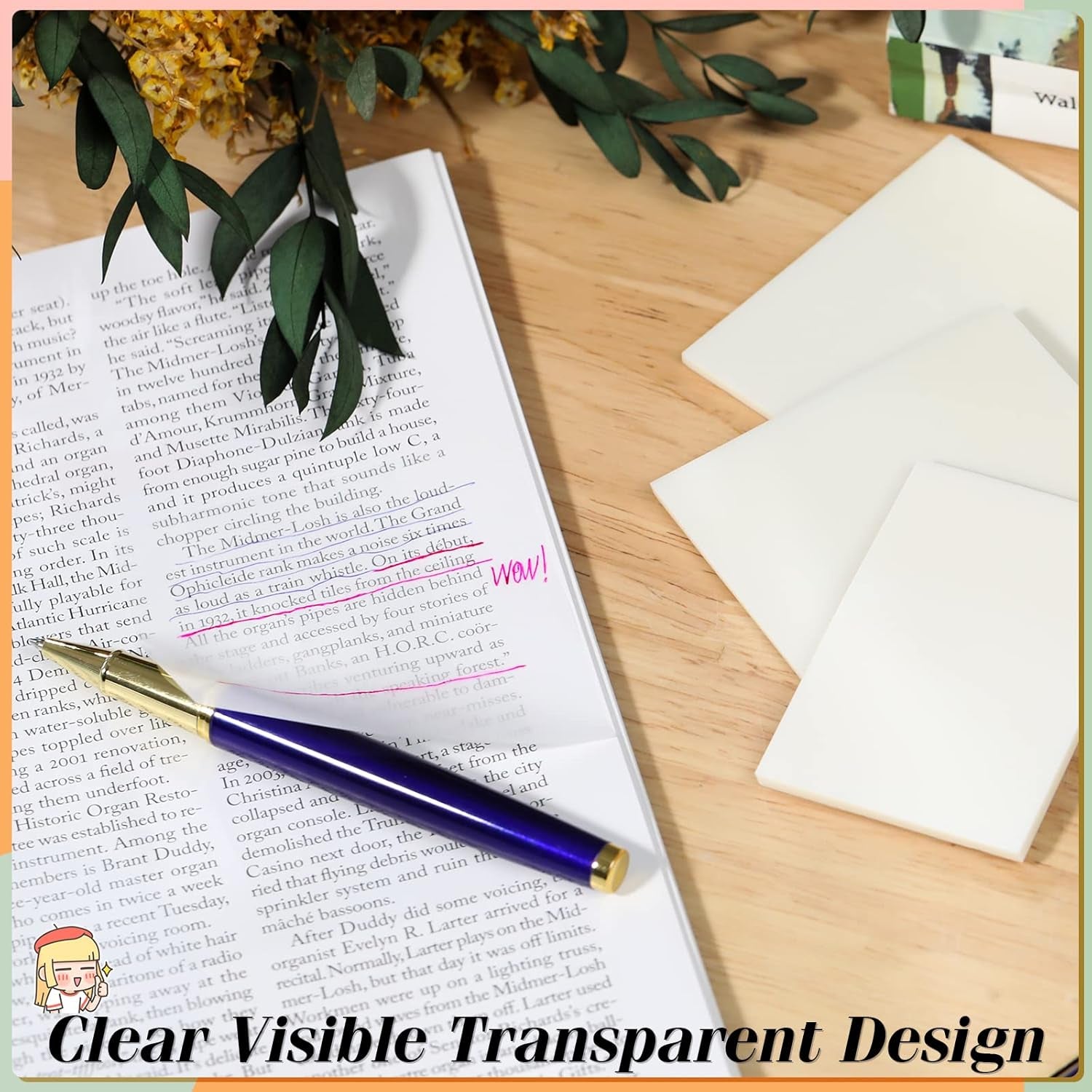 [1300 PCS] Transparent Sticky Notes, 6 Sizes Clear Sticky Notes Pads, Waterproof Self-Adhesive Translucent See through Sticky Notes for Annotating Books,School & Office