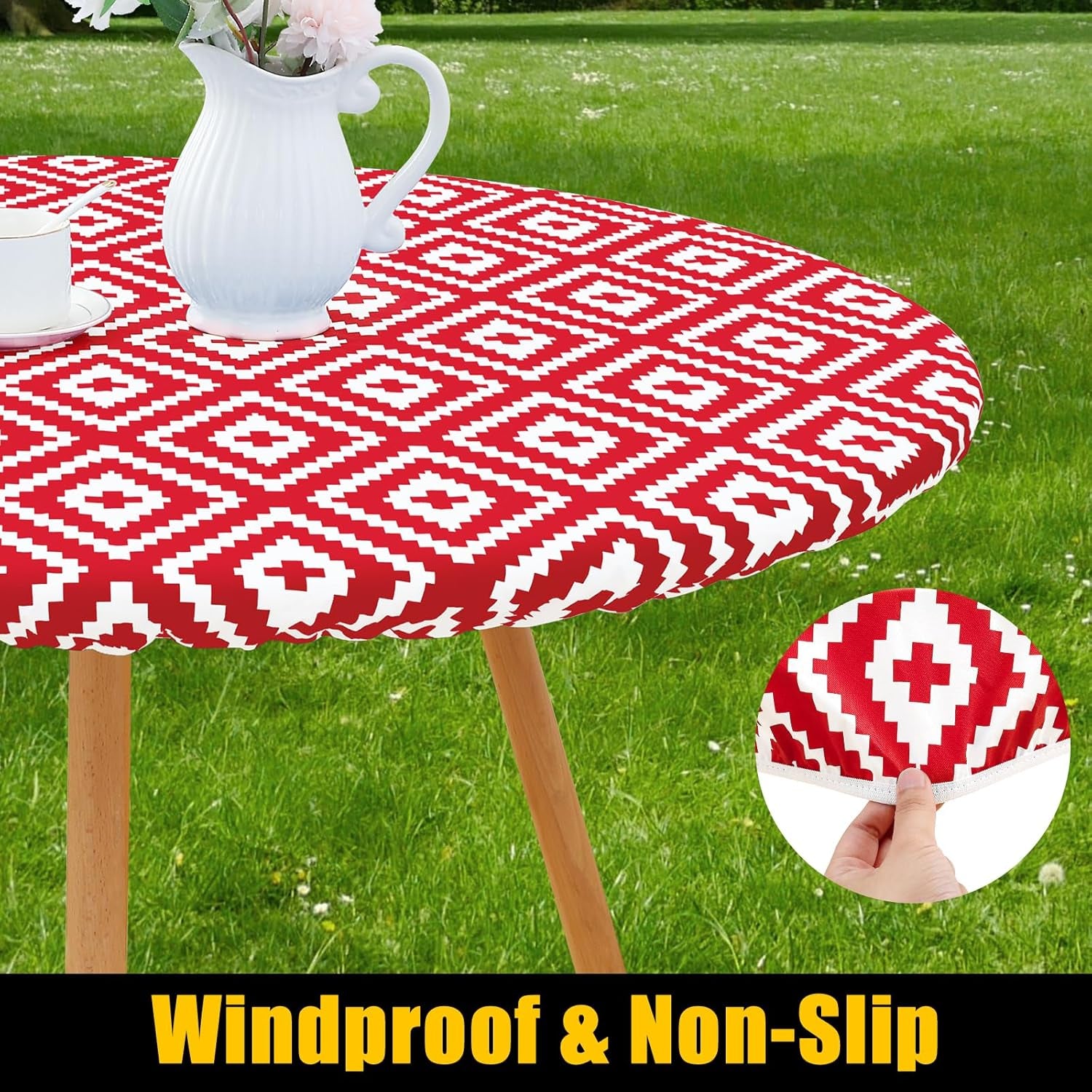 round Picnic Table Cloth, Waterproof Elastic Fitted Outdoor Tablecloths for 36"-44" Tables, Wipeable Flannel Backed Vinyl Table Cover for Camping, Dining and Indoor, Red