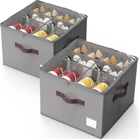 Shoe Organizer for Closet, 2 Pack Shoe Organizer with Transparent Cover and Sturdy Handles, Closet Shoe Storage for Sneakers Sandals Slippers, Fit 12-16 Pairs, Gray
