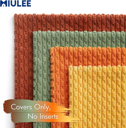 Set of 4 Fall Burnt Orange Corduroy Throw Pillow Covers - Boho Striped Decorative Cushion Cases for Couch, Bed, and Sofa - 18x18 Inch Farmhouse Home Decor