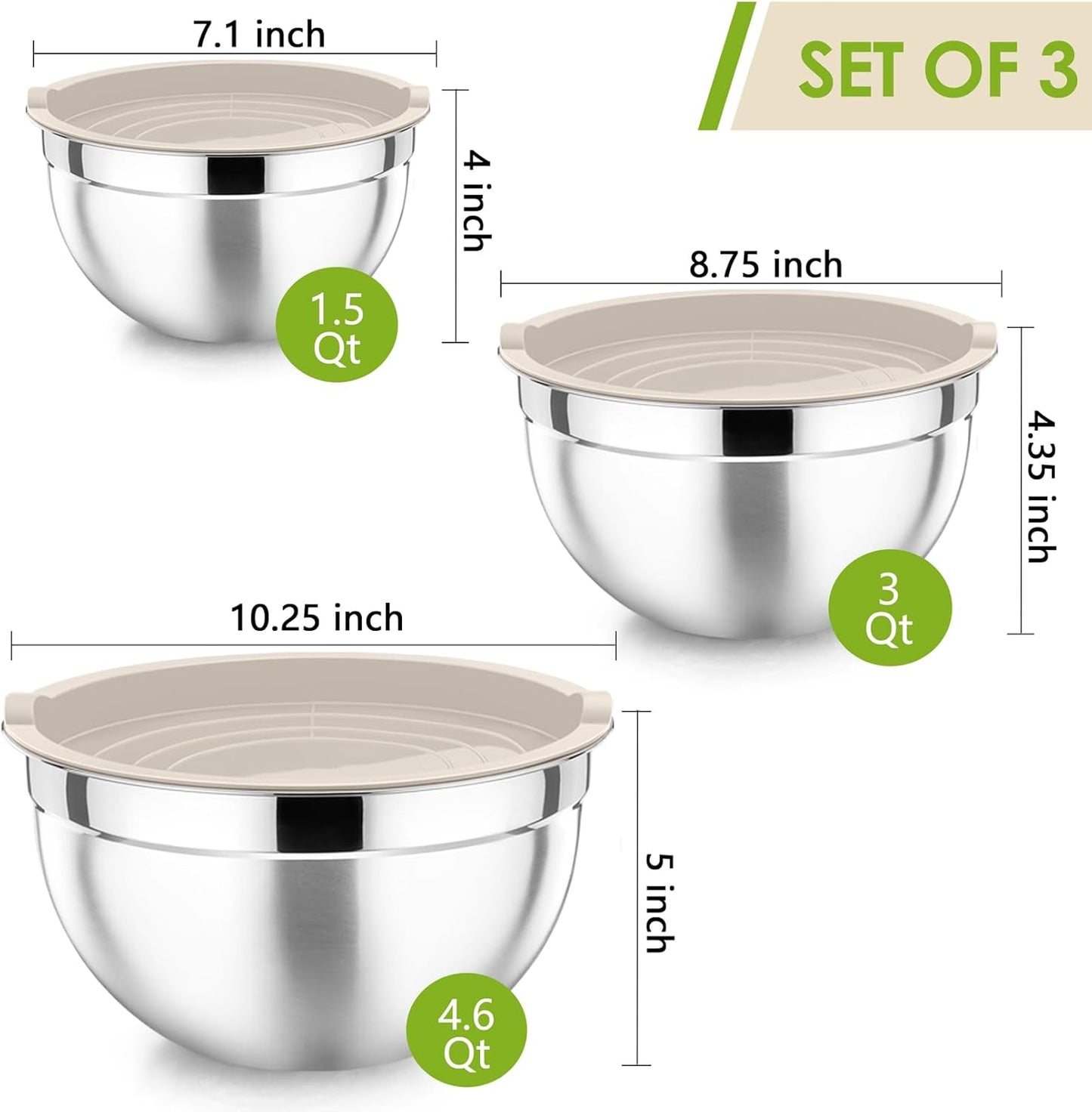 Khaki Mixing Bowls with Lids, Set of 3, Stainless Steel Salad Nesting Bowl for Mixing, Storing, Prepping, Airtight & Stackable, Size 4.6/3 /1.5 QT