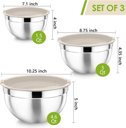 Khaki Mixing Bowls with Lids, Set of 3, Stainless Steel Salad Nesting Bowl for Mixing, Storing, Prepping, Airtight & Stackable, Size 4.6/3 /1.5 QT