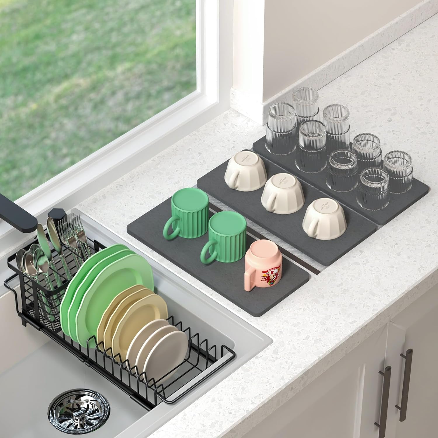 Expandable Small Dish Drying Rack with Diatomite Mat and Utensil Holder for Kitchen Sink, 5.4”W x 12.1”-18.9”L
