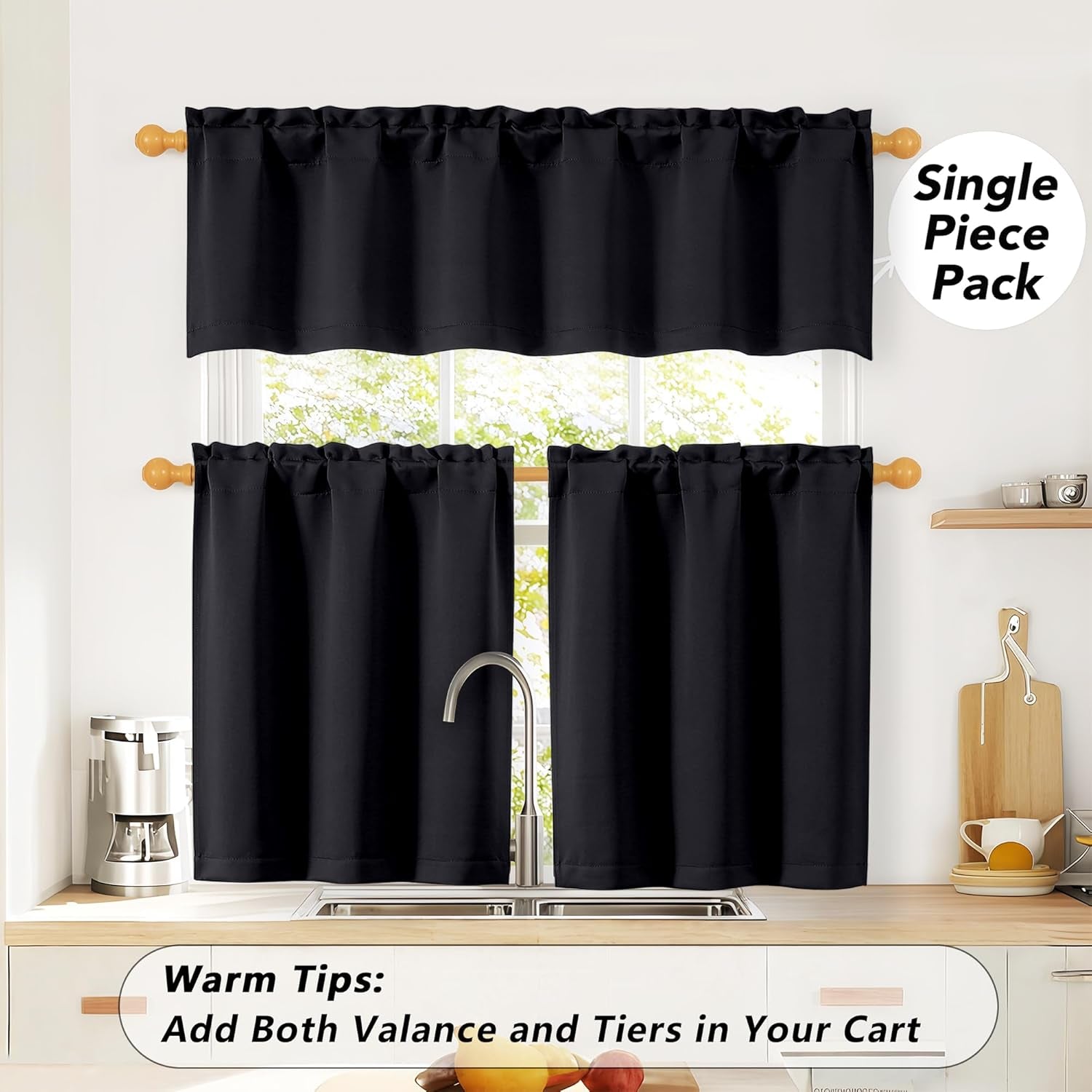 Black Kitchen Curtains 36 Inch Length, Short Blackout Small Thermal Insulated Curtains Tier over Sink Rod Pocket Half Window for Bathroom Bedroom Camper RV Bunk, 2 Panels, Each 30" Wx36 L