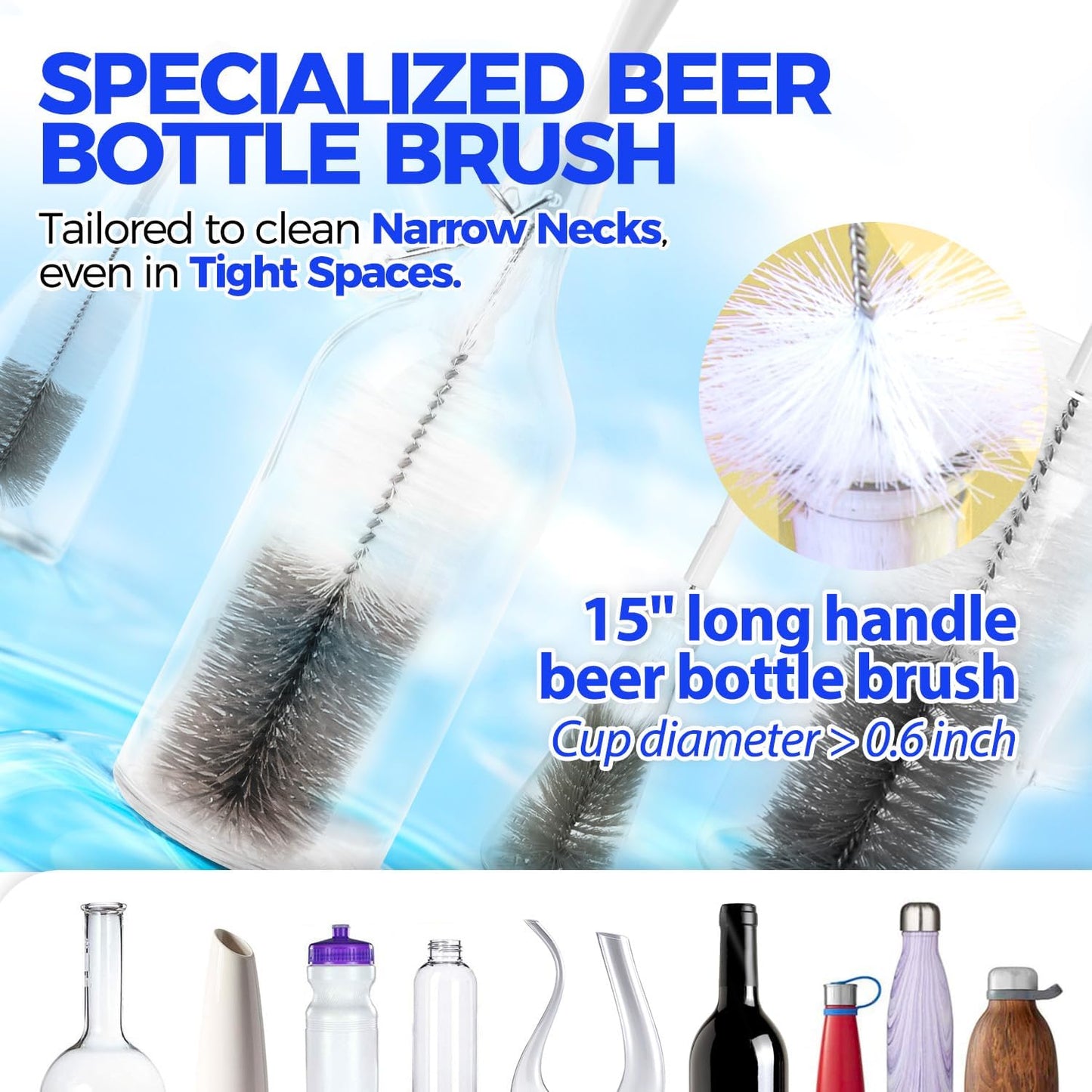 10 Pack Bottle Brush Cleaner Set, 15" Long Handle Bottle Cleaner Brush, Flexible Long Handle Water Bottle Brush for Narrow Neck Beer Wine, 8 Straws, Abrasive Spiral Brushes, White Grey