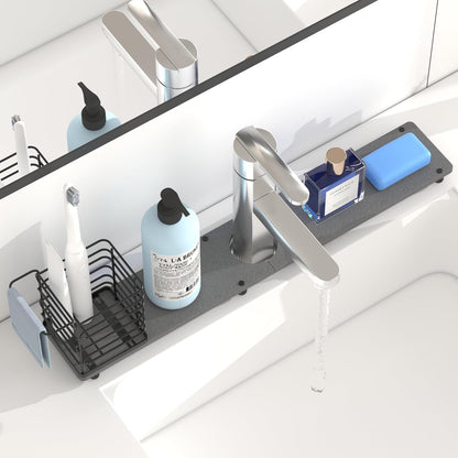 Kitchen Sink Faucet Mat with Brush Holder - 23.6 Inch Absorbent Splash Guard, Diatomite Stone Fast-Drying Mat for Bathroom Counters