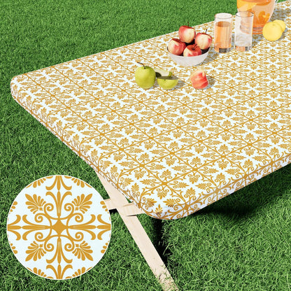 Rectangle Vinyl Table Cloth, Elastic Fitted Flannel Backed Tablecloth, 100% Waterproof Plastic Table Cover Fits 6 Foot Folding Tables for Picnic, Camping, Outdoor (Gold, 30" X 72")