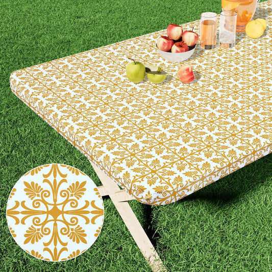 Rectangle Vinyl Table Cloth, Elastic Fitted Flannel Backed Tablecloth, 100% Waterproof Plastic Table Cover Fits 6 Foot Folding Tables for Picnic, Camping, Outdoor (Gold, 30" X 72")