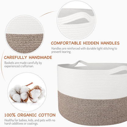 Storage Basket Large Cotton Rope Basket 21.7"X 21.7" X 13.8" with Handle Big Soft Nursery Cube Bin Laundry Hamper for Living Room(White/Brown)