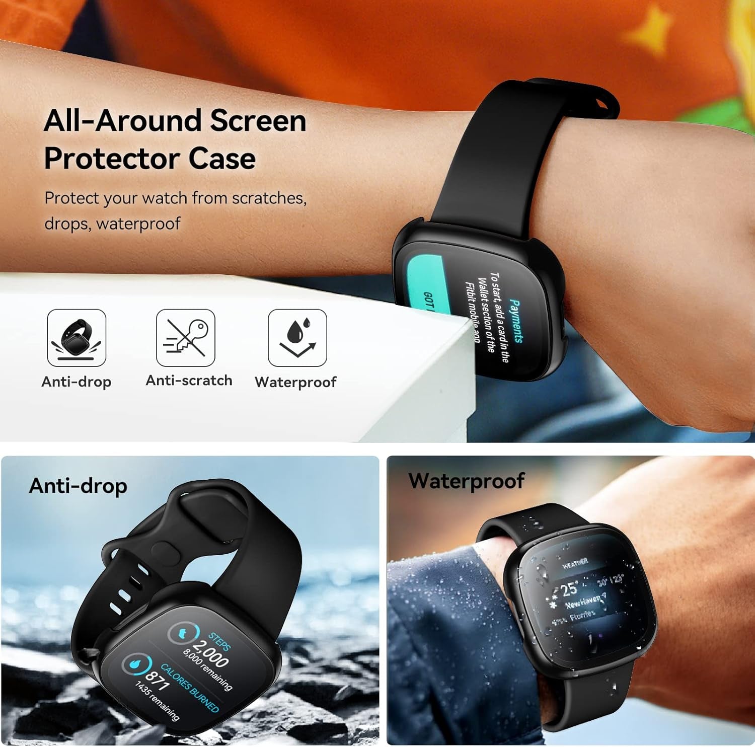 [4 Pack] Screen Protector Tempered Glass for Fitbit Sense/Versa 3, Hard PC Case with Bumper Cover Sensitive Touch Full Coverage Protective Case for Sense/Versa 3 Smart Watch, Black