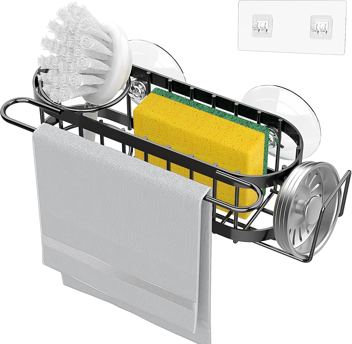 Kitchen Sink Caddy Sponge Holder in the Sink, Stainless Steel Kitchen Sink Organizer, Brush Holder, Dish Cloth Hanger, Sink Stopper Holder with 2 Installation Ways (Suction & Adhesives