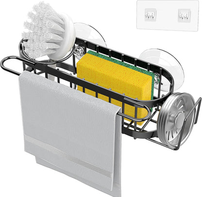 Kitchen Sink Caddy Sponge Holder in the Sink, Stainless Steel Kitchen Sink Organizer, Brush Holder, Dish Cloth Hanger, Sink Stopper Holder with 2 Installation Ways (Suction & Adhesives
