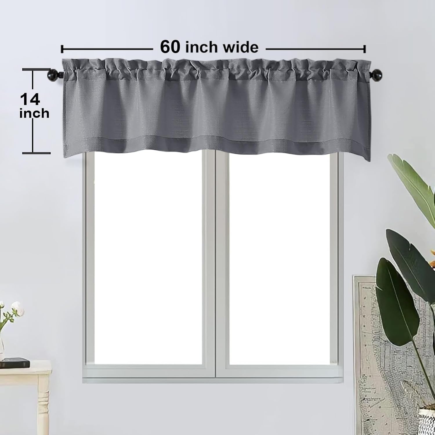 Bob 1 PCS Dark Grey Valances for Windows, Faux Linen Textured Kitchen Window Curtains Valance for Bedroom Living Room, Modern Soft Airy Solid Rod Pocket Bathroom Cafe Curtain, 60Wx14L Inch