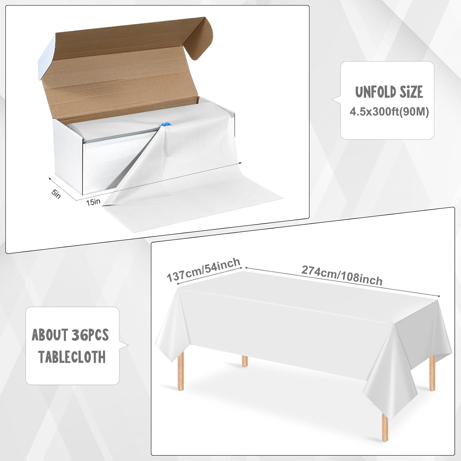 54 Inch×300 Feet White Tablecloth Roll Disposable Rectangle White Table Cloth Roll Plastic Table Covers with Slide Cutter for Birthday Weddings Baby Showers Party Decorations