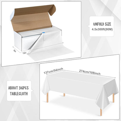 54 Inch×300 Feet White Tablecloth Roll Disposable Rectangle White Table Cloth Roll Plastic Table Covers with Slide Cutter for Birthday Weddings Baby Showers Party Decorations