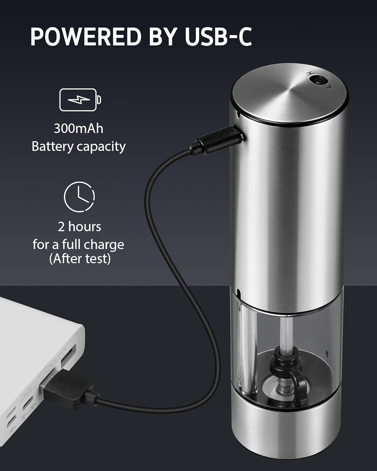 Electric Salt and Pepper Grinder Set USB-C Rechargeable, Stainless Steel Automatic Salt and Pepper Shakers with 6 Adjustable Coarseness High/Low Grinding Speed 95ML Large Capacity & LED Light