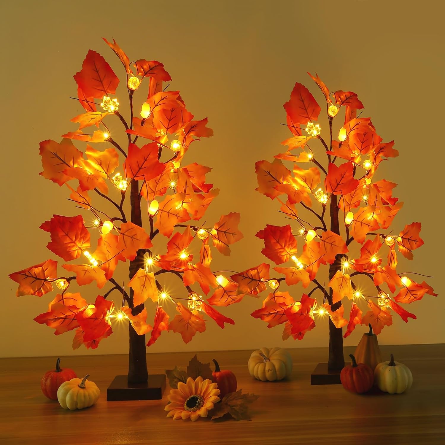 2 Pack 23.5 Inch Fall Trees with Lights, Timer Battery Operated Fall Light up Tree for Thanksgiving Autumn Home Office Room Indoor Decorations, Faux Fall Lighted Maple Trees Decor