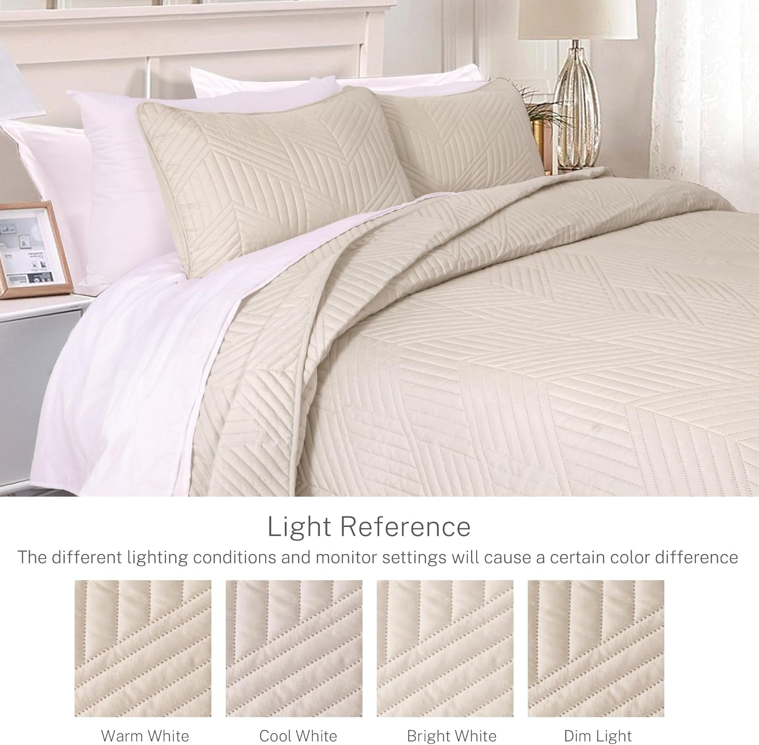 Ultrasonic Full Queen Quilt Bedding Set - Lightweight Birch Beige Bedspreads with Soft Modern Geometric Design for All Seasons (Includes 1 Quilt and 2 Pillow Shams)