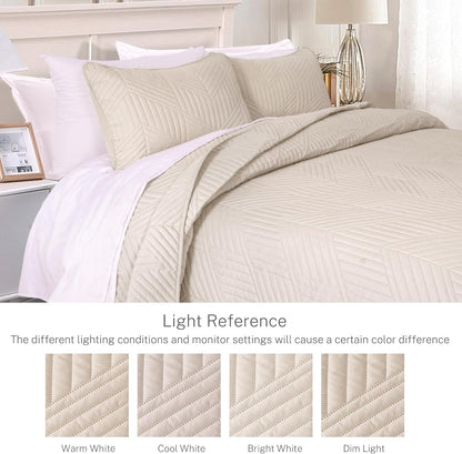 Ultrasonic Full Queen Quilt Bedding Set - Lightweight Birch Beige Bedspreads with Soft Modern Geometric Design for All Seasons (Includes 1 Quilt and 2 Pillow Shams)