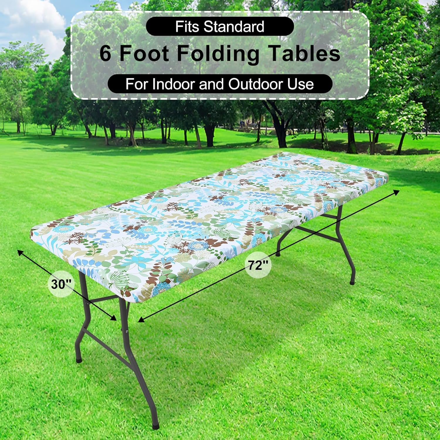 Rectangle Vinyl Tablecloth, Fitted Table Cover, 100% Waterproof, Elastic Edge, Flannel Backing, Table Cloth Fit 6 Foot Folding Tables for Picnic, Outdoor (Leaves, 30X72 Inch)