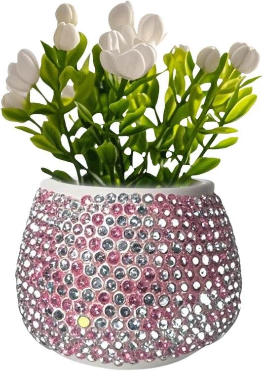 Flower Car Accessories Pink Bling Dashboard Decorations, Car Flower Vase Decals, Cute Car Interior Decor, Bling Desk Flowers for Women Office Girl Gifts