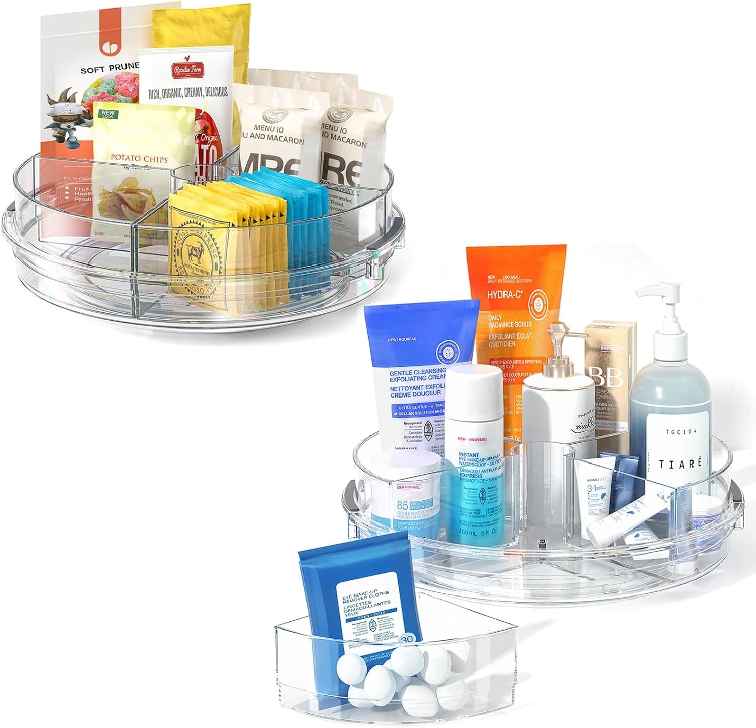 2 Pack Lazy Susan Turntable Organizer for Cabinet with 4 Removable Bins 10.6'' Rotating Condiment Snack Organizer Storage for Kitchen Pantry, Fridge, Bathroom, Medicine Cabinet Organizer