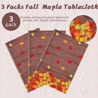 3 Pack Fall Wood Grain Maple Leaves Tablecloth 54 X 108 Inch Thanksgiving Party Tablecovers Disposable Waterproof Plastic Autumn Harvest Theme Table Cloth Rectangle for Dinner Home Table Decor