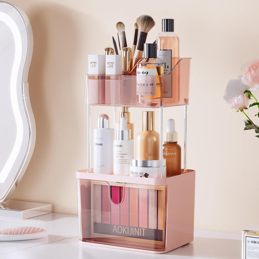 Makeup Organizer Countertop, 3-Tier Vanity Organizer with Large Drawers and Top 6-Grid Section, Suitable for Bathroom Counter, Dresser, Storage for Cosmetics, Skincare, Perfume, Lipstick, Pink