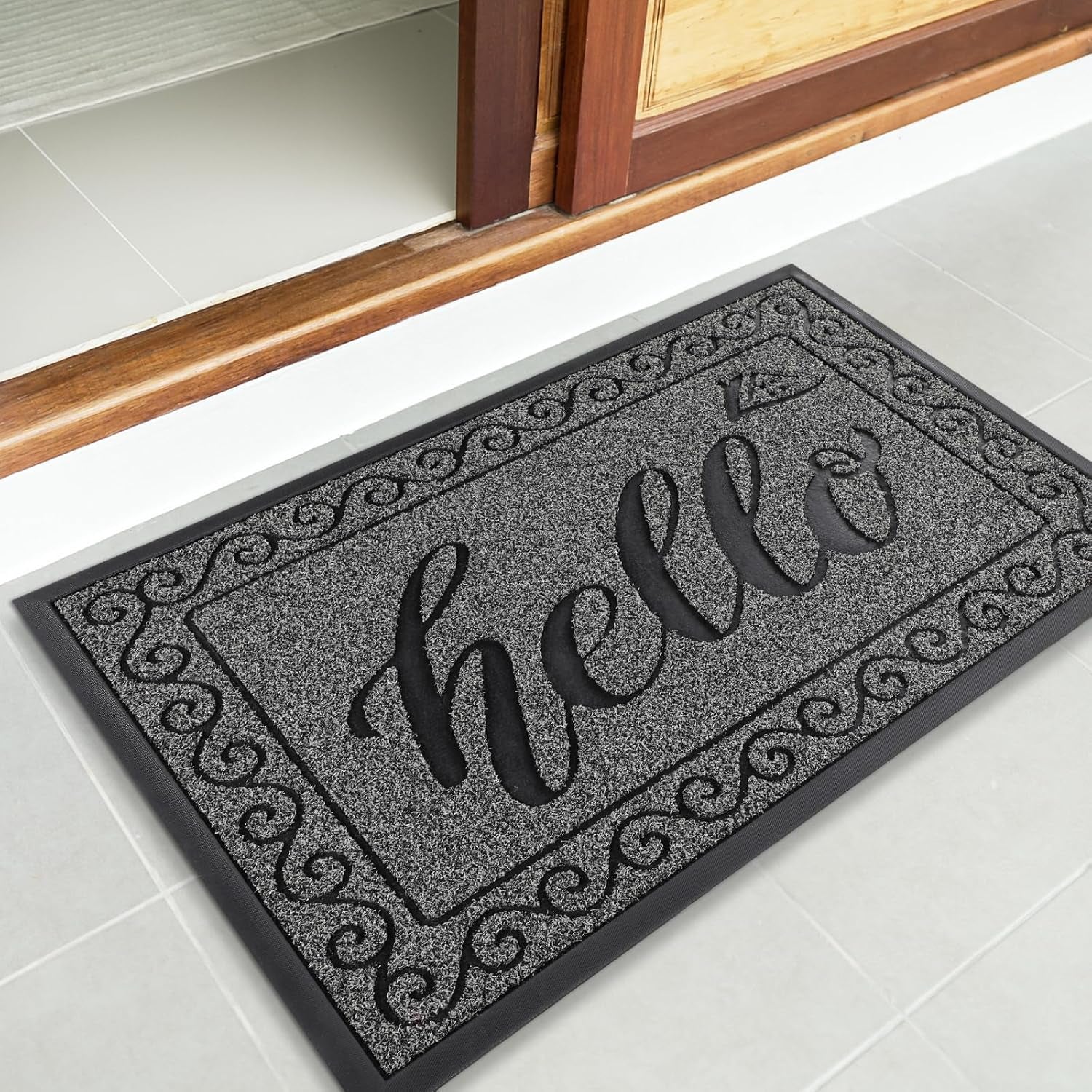 Hello Door Mat Outdoor Indoor, 100% Waterproof All-Season Welcome Mat, Washable Heavy Duty Front Door Mat, Stain and Fade Resistant, Low Profile, Easy Clean, 29.5 X 17, Black Gray