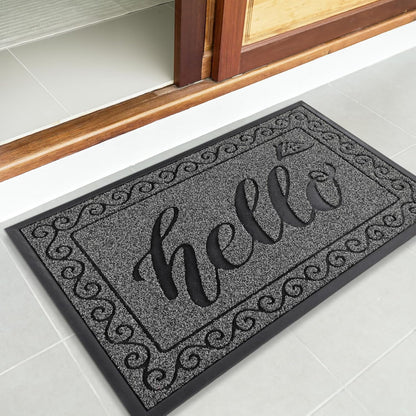 Hello Door Mat Outdoor Indoor, 100% Waterproof All-Season Welcome Mat, Washable Heavy Duty Front Door Mat, Stain and Fade Resistant, Low Profile, Easy Clean, 29.5 X 17, Black Gray