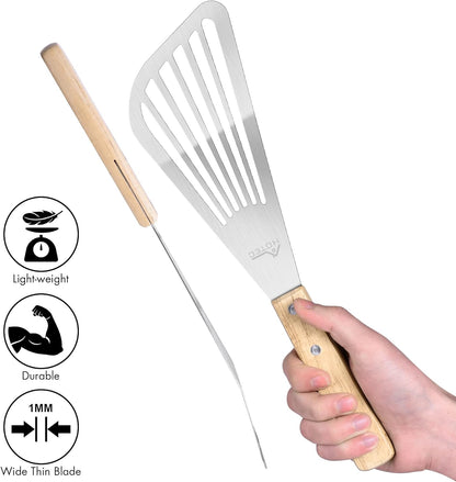 2Pcs Stainless Steel Wooden Handle Fish Spatula, Metal Spatula Flipping Foods