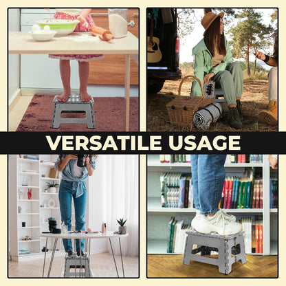 Folding Step Stool with 9 Inch Height (Pack of 1) - Holds up to 300 Lbs - Lightweight Plastic Foldable Step Stool for Kitchen, Bathroom & Living Room (Light Grey)