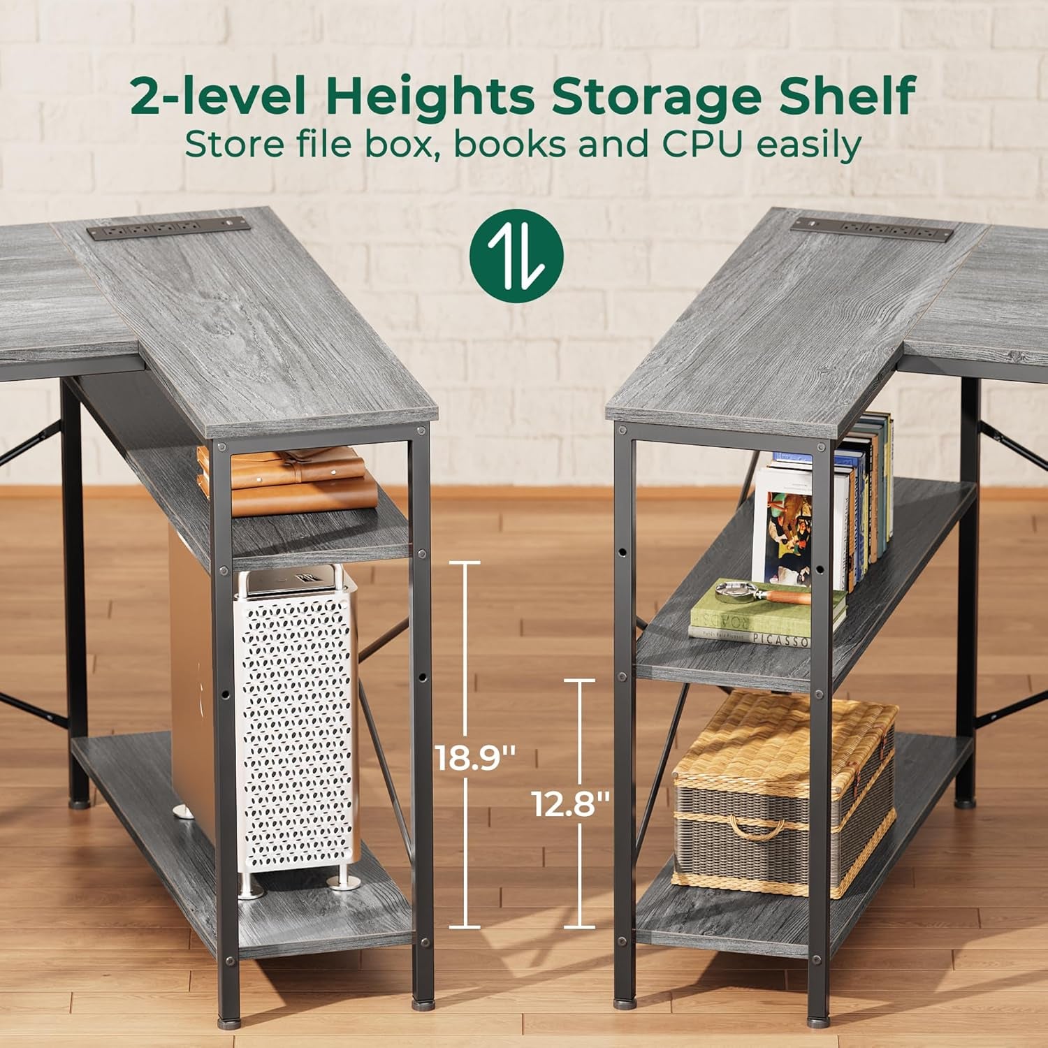 L-Shaped Office Desk with Power Outlets, 47-Inch Computer Desk Featuring 3 Drawers and Shelves for Gaming, Home Office, and Study - Grey