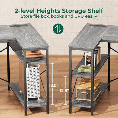 L-Shaped Office Desk with Power Outlets, 47-Inch Computer Desk Featuring 3 Drawers and Shelves for Gaming, Home Office, and Study - Grey