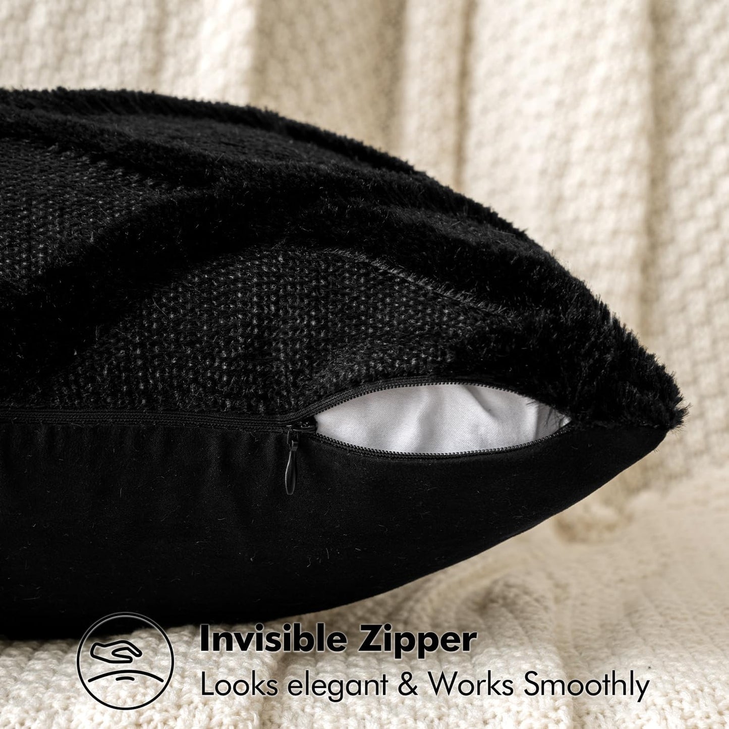 Decorative Throw Pillow Covers Black 18X18 Inch Set of 2, Soft Plush Faux Wool Couch Cushion Covers Farmhouse Throw Pillows for Couch Bed Sofa Living Room