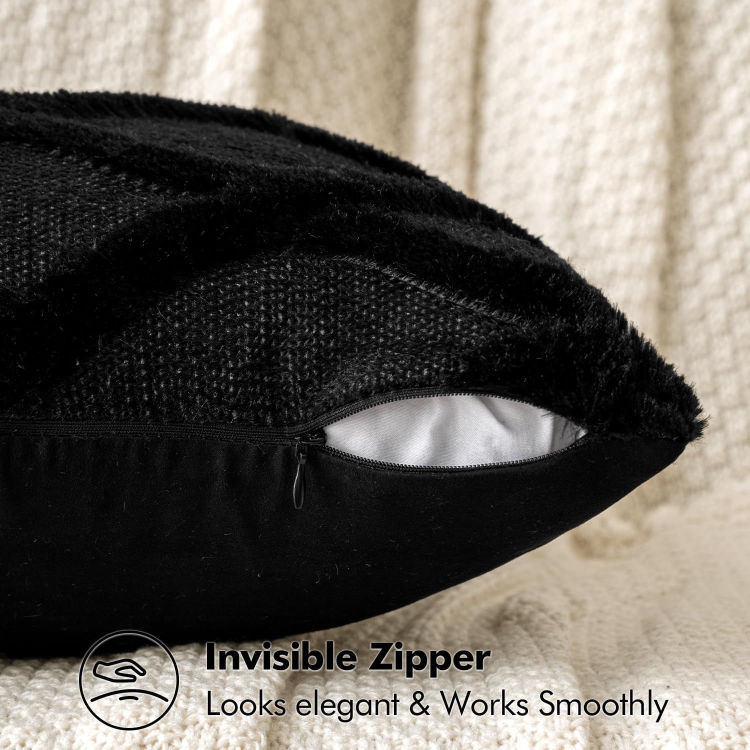 Decorative Throw Pillow Covers Black 18X18 Inch Set of 2, Soft Plush Faux Wool Couch Cushion Covers Farmhouse Throw Pillows for Couch Bed Sofa Living Room