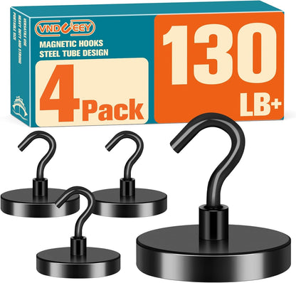 Heavy-Duty Magnetic Hooks, 130 lbs Capacity - Pack of 4, Ideal for Cruise Cabins, Refrigerators, Home, Office, and Grilling (Black)