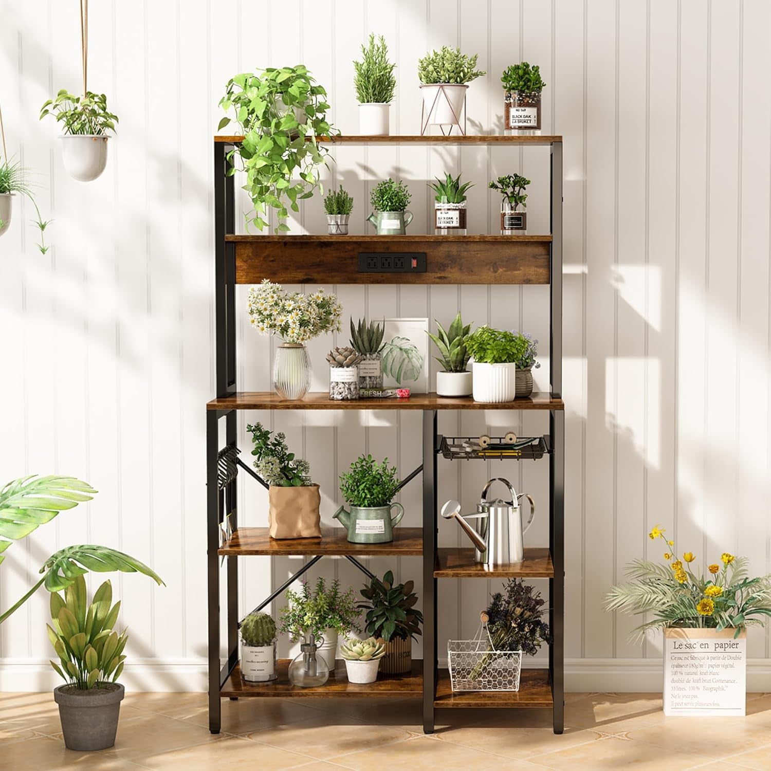 Rustic Brown Bakers Rack with Power Outlet, 35.4-Inch Coffee Bar, Microwave Stand with Wire Basket and 6 S-Shaped Hooks, Open Storage Shelves