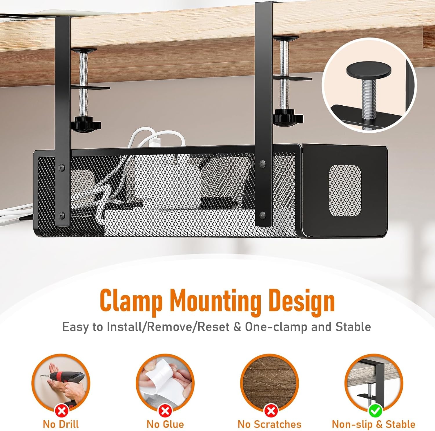 under Desk Cable Management Tray - Cable Management Tray No Drill with F-Clamp Design, Metal Mesh Cord Organizer, Sturdy Wire Organizers for Cords for Home Office Standing Desk, Black