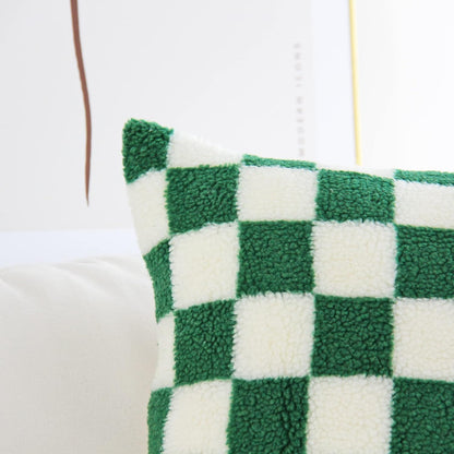 Decorative Throw Pillow Covers Luxury Style Checkerboard Pattern Cushion Case Super Soft Faux Fur Wool Sherpa Pillowcases for Couch Bedroom Pack of 2 (Green, 18 X 18-Inch)