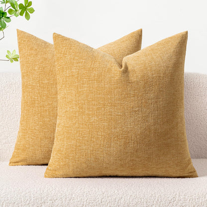 Pack of 2 Couch Throw Pillow Covers 18X18 Inch Soft Beige Yellow Chenille Pillow Covers for Sofa Living Room Solid Dyed Pillow Cases
