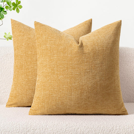 Pack of 2 Couch Throw Pillow Covers 18X18 Inch Soft Beige Yellow Chenille Pillow Covers for Sofa Living Room Solid Dyed Pillow Cases