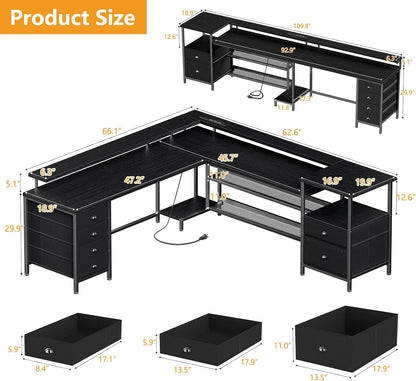 66" L Shaped Gaming Desk with 6 Drawers & Printer Storage Shelves, Reversible Computer Corner Desk with Power Outlets & LED Lights, Home Office Table with Monitor Stand, Black