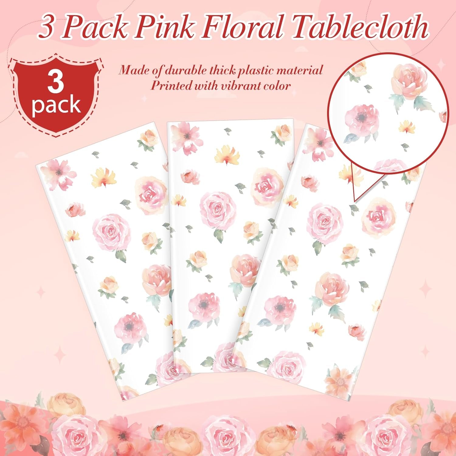 3 Pcs Spring Floral Tablecloth, Pink Wildflower Plastic Disposable Tablecloth Rectangle Table Covers for Easter, Birthday, Wedding, Baby Shower, Tea Party and Mothers Day Decorations,54 X 108 Inch