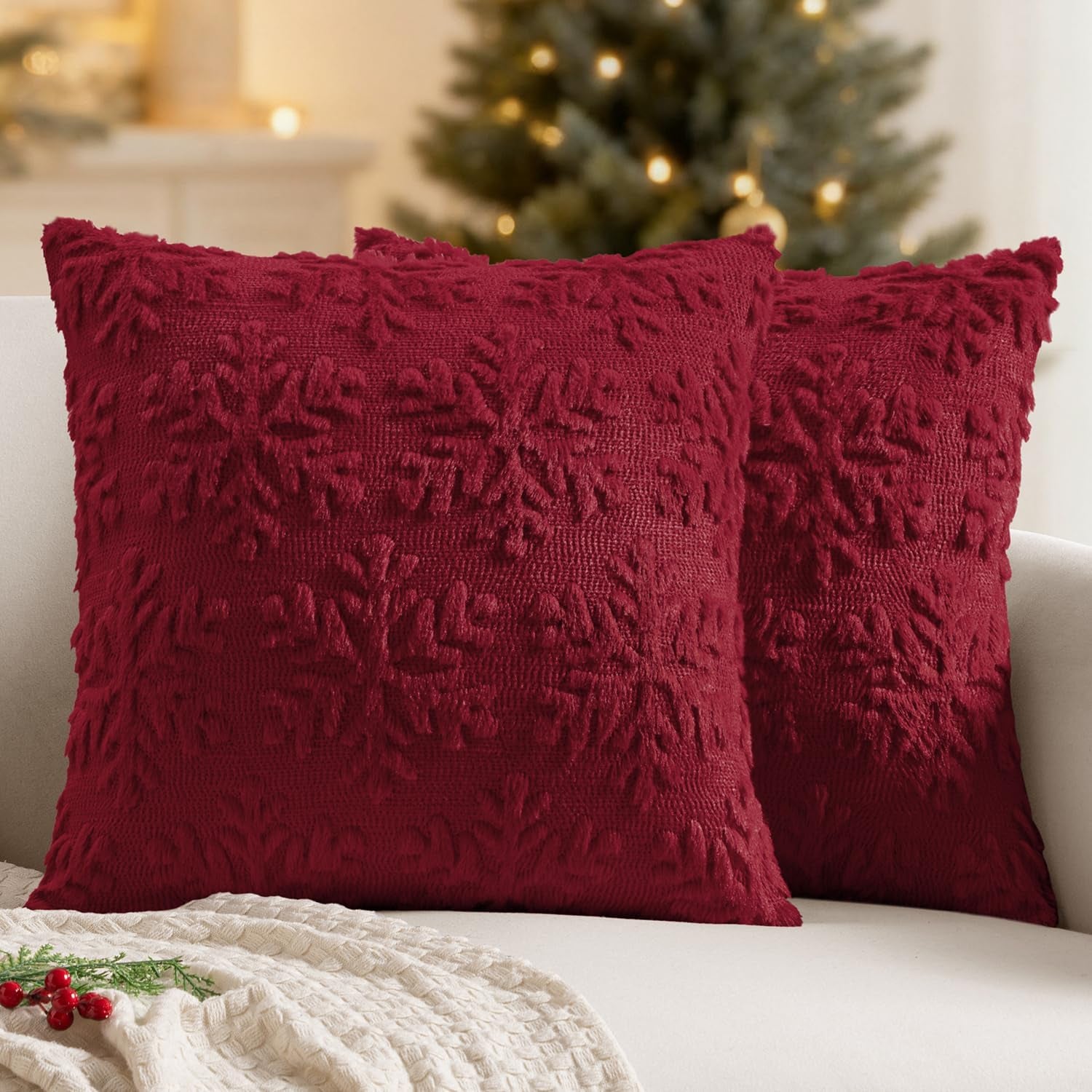 Christmas Burgundy Red Throw Pillow Covers Snowflakes Decorative 18×18 Inch Faux Wool Winter Festival Couch Pillow Covers Set of 2 Farmhouse Holiday Home Decors for Sofa Livingroom Bed
