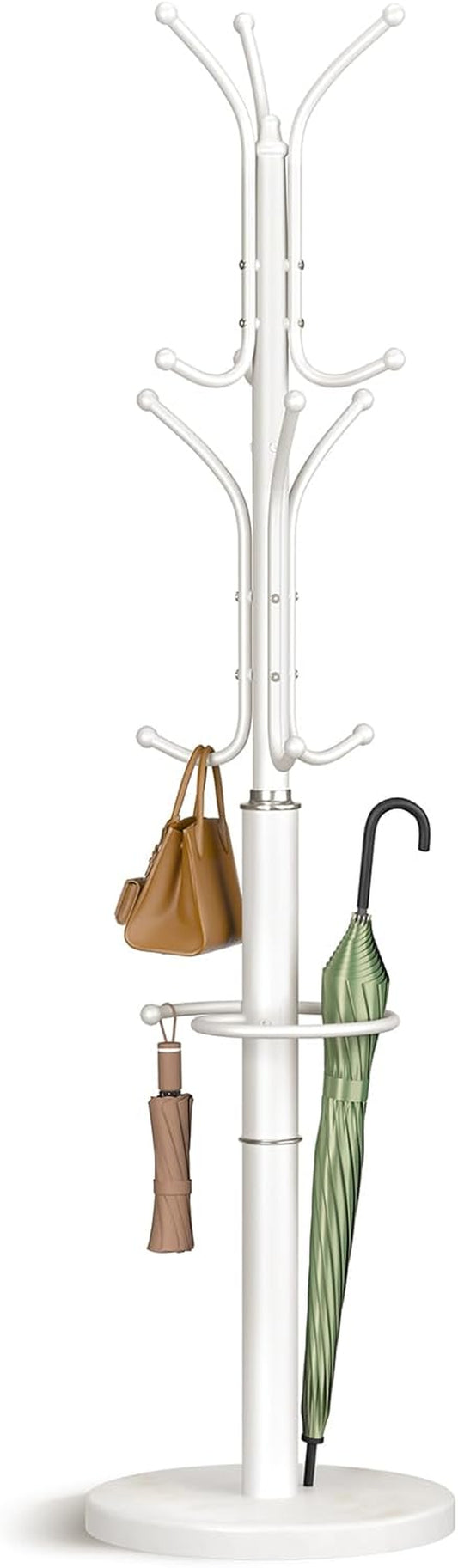 Metal Coat Rack Freestanding with Marble Base, Coat Tree with 12 Hooks & Umbrella Holder, Coat Hanger Stand for Corner Entryway Bedroom Office, Heavy Duty Coat Rack Stand for Clothes Hats Bags
