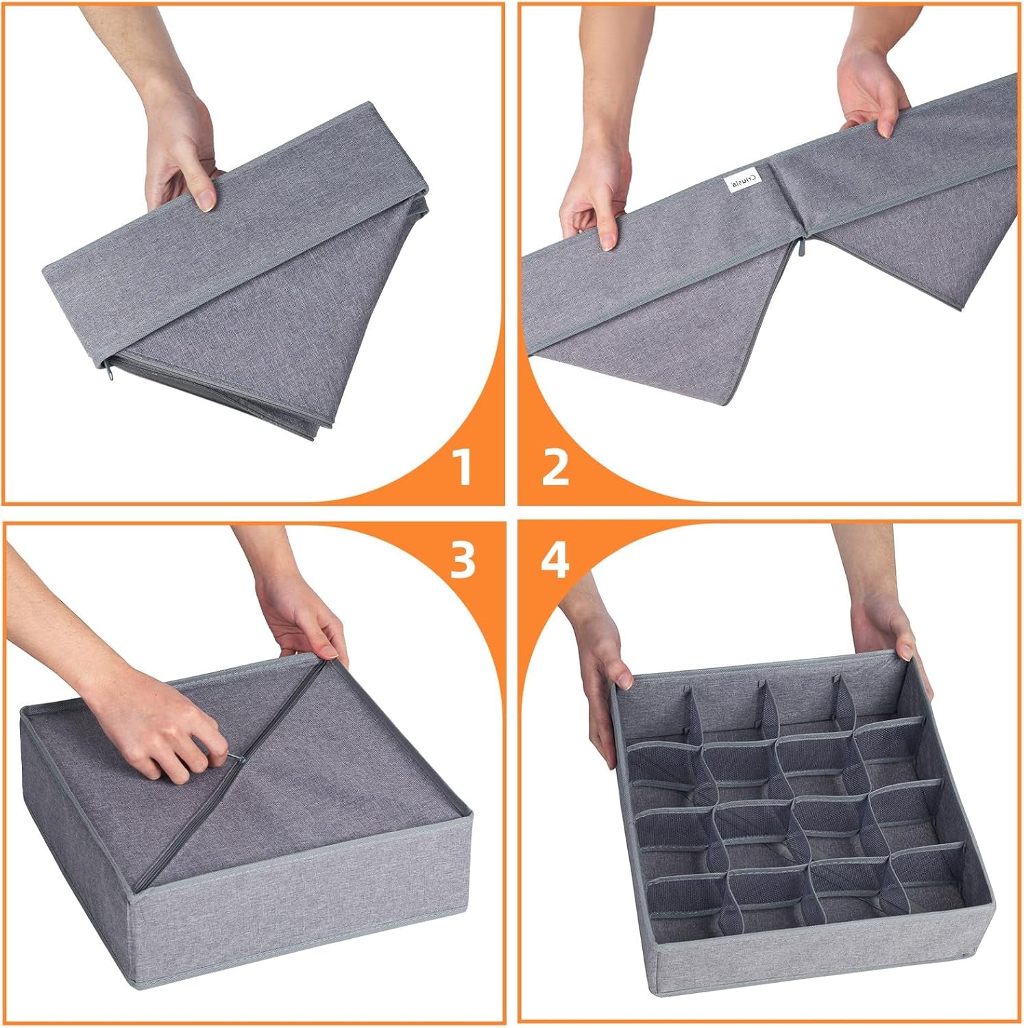 3 Pack Sock Underwear Organizer Dividers, 64 Cell Drawer Fabric Foldable Cabinet Closet Storage Boxes for Storing Socks, Underwear, Ties (16+24+24 Cell, Gray)