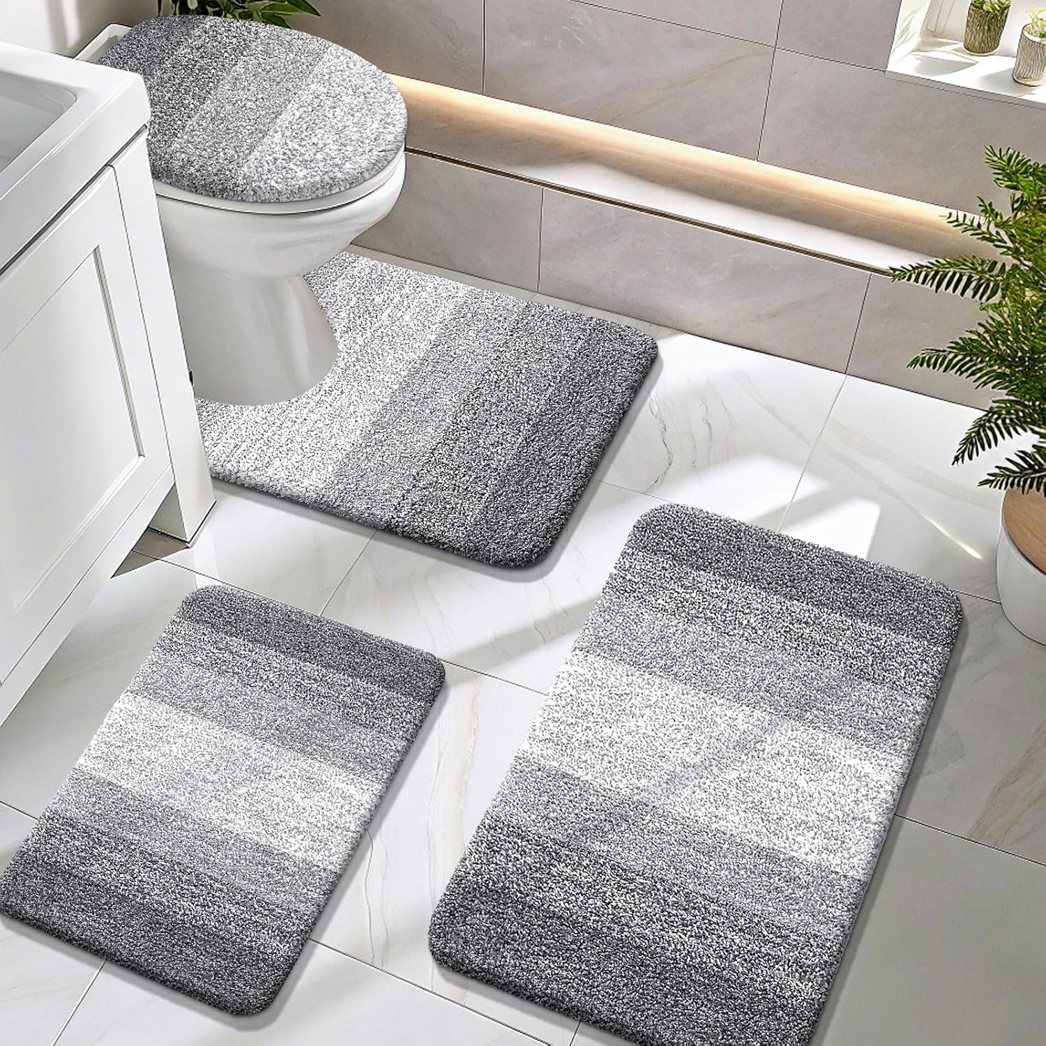 Bathroom Rugs Sets 4 Piece, Soft Microfiber Absorbent Bath Mat, U-Shaped Contour Toilet Mat and Toilet Lid Cover, Quick Dry, Machine Washable, Toilet Cover and Rug Set for Bathroom, Grey