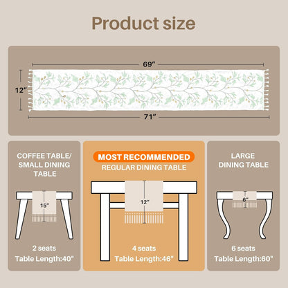 Boho Table Runner with Tassels,Burlap Table Runners 72 Inches Long Room Decor Aesthetic Rustic Farmhouse Summer Decorations for Living Room Green Tree Pattern (12X72 Inches)