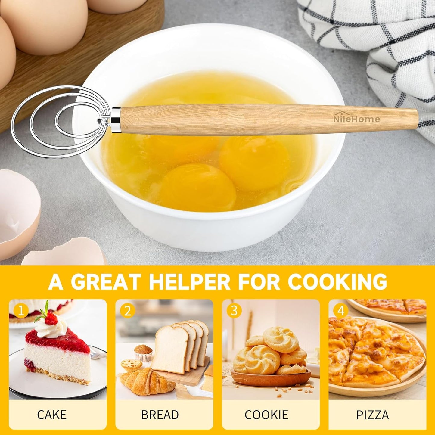 Dough Whisk, 13-Inch Wooden Danish Dough Whisk Sour Dough Tools with Stainless Steel Dough Hook Bread Whisk for Sourdough, Pizza, Pastry, Cake Batter Etc.